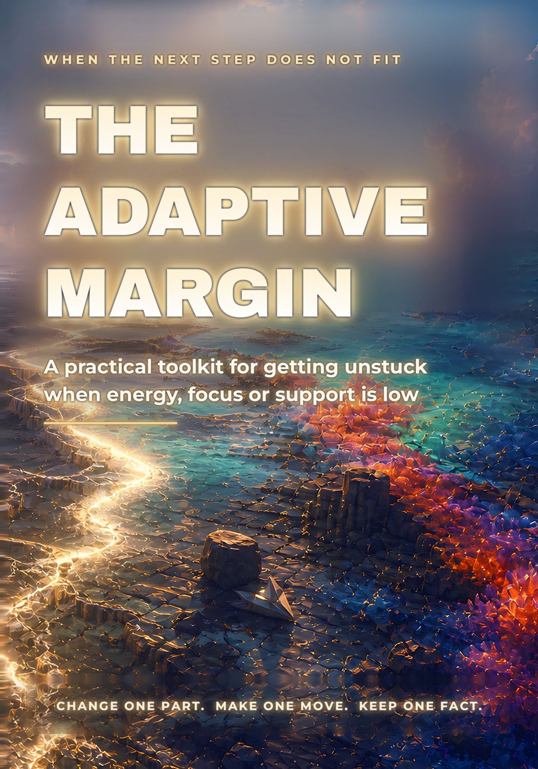 Front cover of The Adaptive Margin: a lit path crossing a dark shore towards open water and a warm sky.