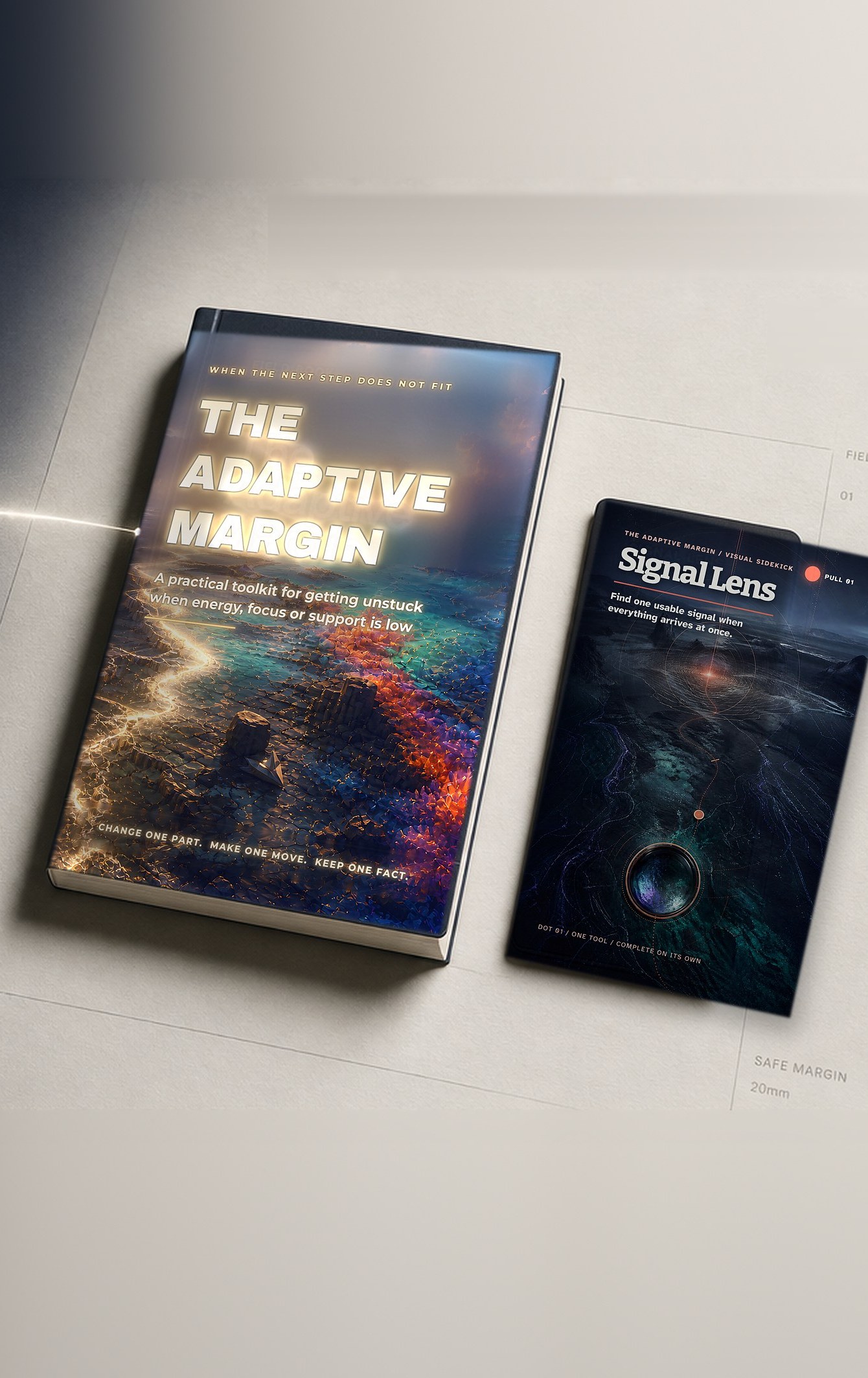 The Adaptive Margin field book beside the Signal Lens card on a pale paper surface, lit by a thin line of light.